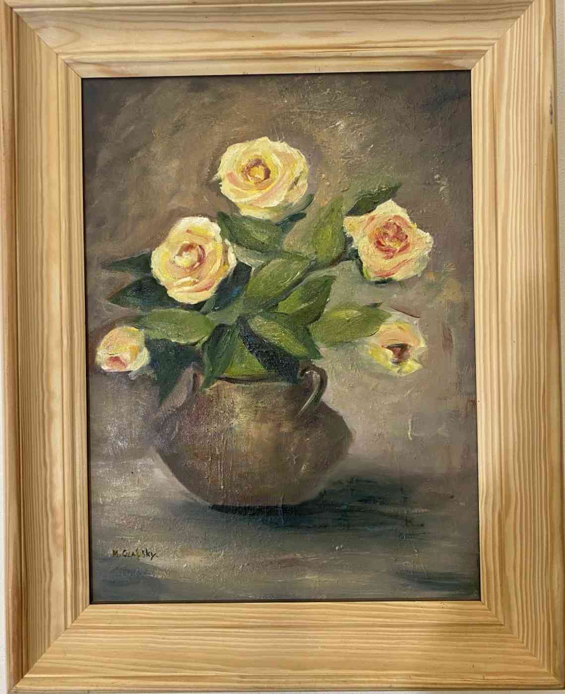 Obraz olejny ,, Kremowe róże" w drewnianej ramie. 187 zł