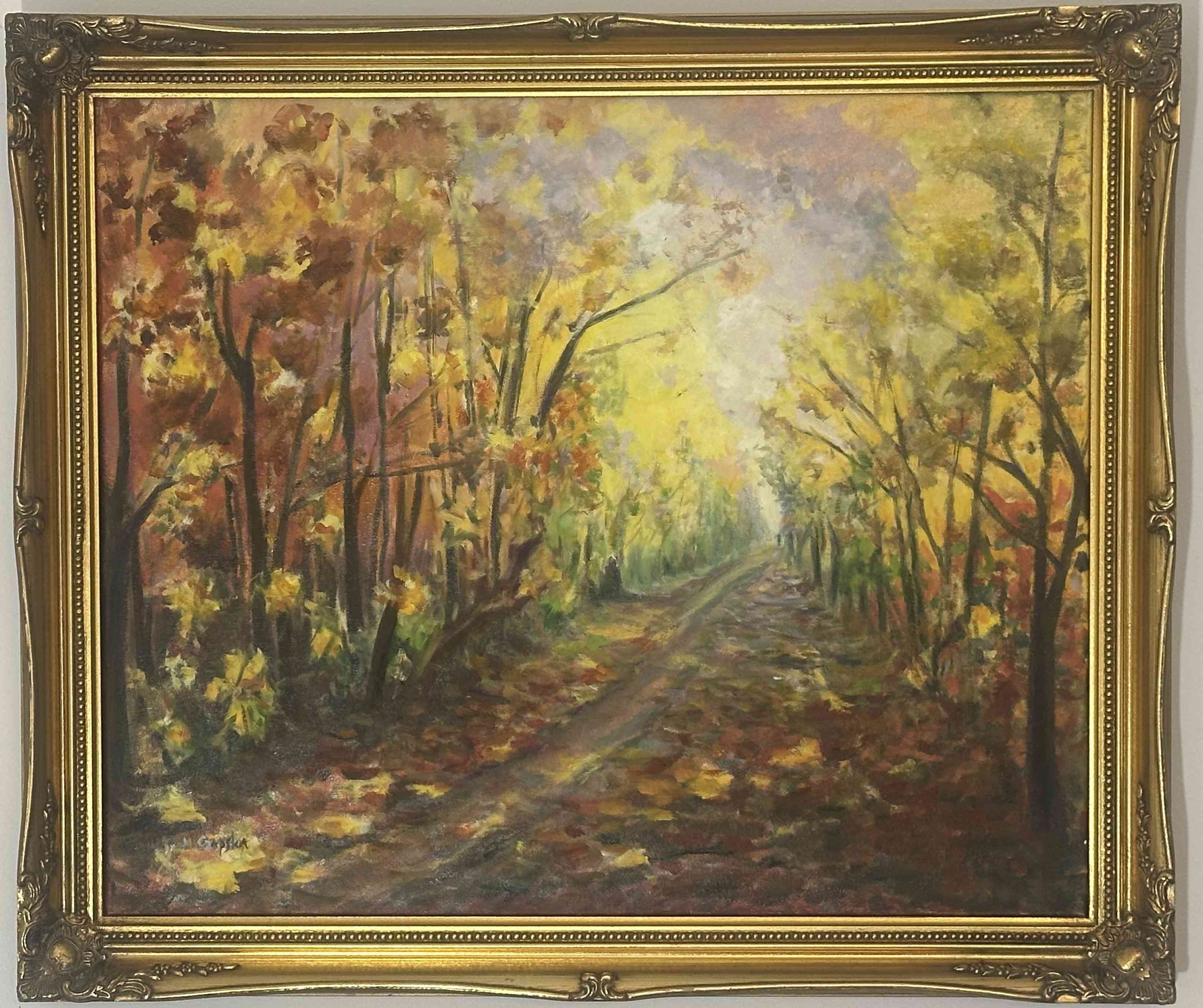 Obraz olejny ,, Złota jesień" w złotej ramie . 480 zl